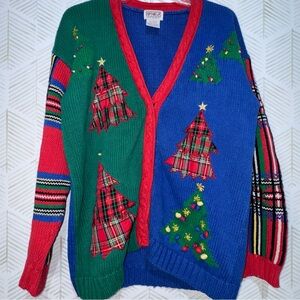 Vtg PBJ Sport Christmas Tree Embroidered Hand Knit Plaid Cardigan Sweater Size M